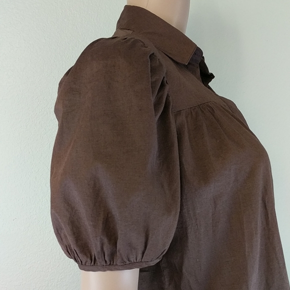 [Theory] Brown Puffed Sleeve Button Up Blouse S - Picture 3 of 6